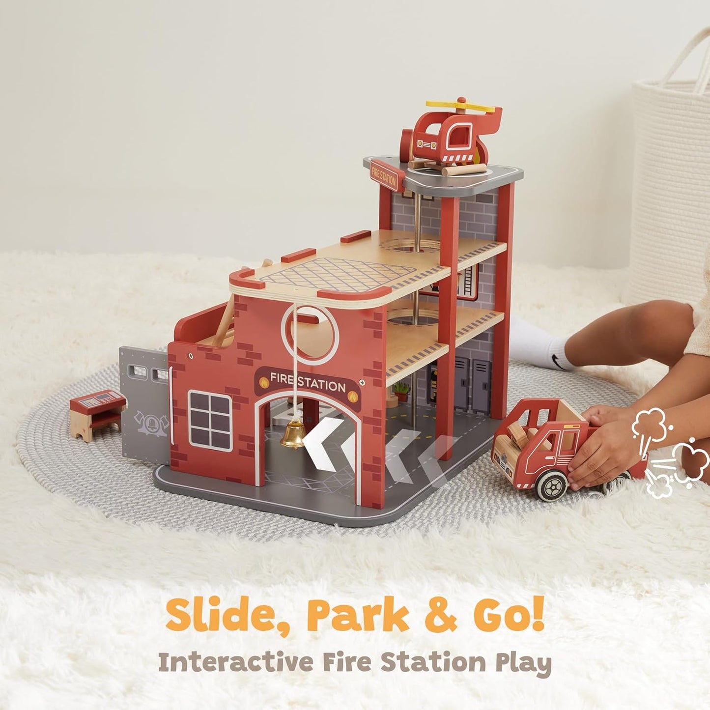 Wooden Fire Station Playset, Pretend Play Firehouse