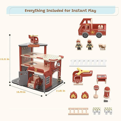 Wooden Fire Station Playset,  Pretend Play Firehouse
