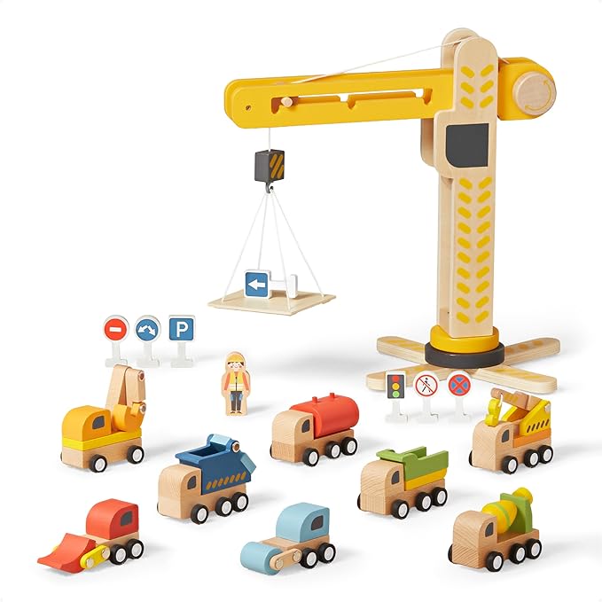 Piece Crane Command Fleet with 8 Wooden Vehicles