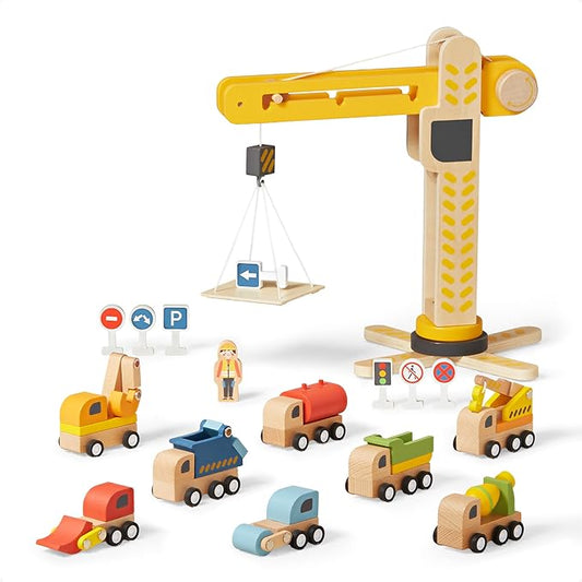 Piece Crane Command Fleet with 8 Wooden Vehicles