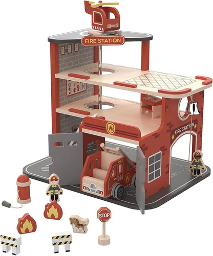 Wooden Fire Station Playset,  Pretend Play Firehouse