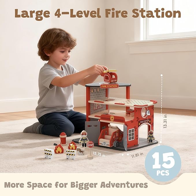 Wooden Fire Station Playset,  Pretend Play Firehouse