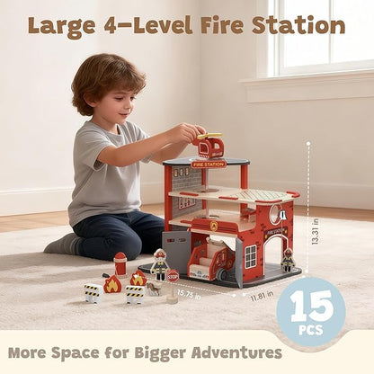 Wooden Fire Station Playset,  Pretend Play Firehouse
