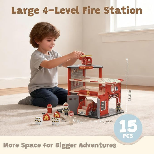 Wooden Fire Station Playset,  Pretend Play Firehouse