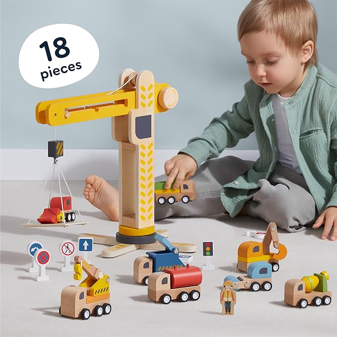 Piece Crane Command Fleet with 8 Wooden Vehicles